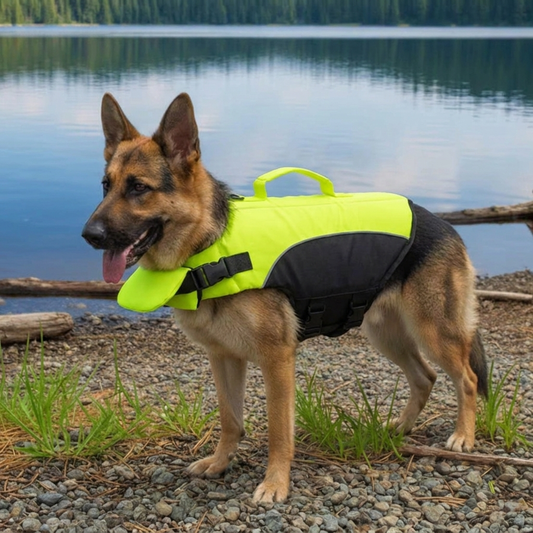 Giubbotto di salvataggio Floa per cani, colore verde, con maniglia di soccorso
